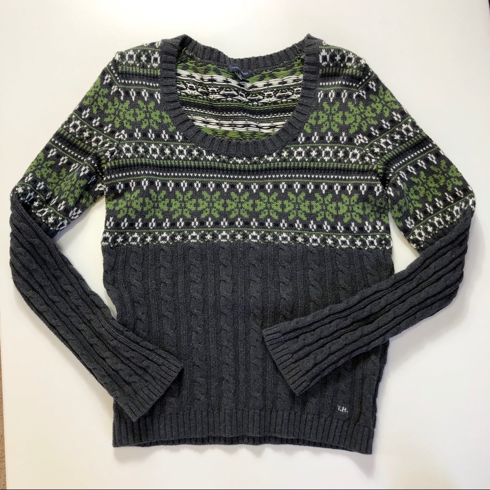 Tommy Hilfiger Gray and Green Scoop Neck Sweater